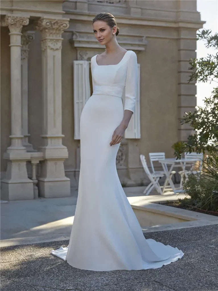 Mermaid Square Neck Three-Quarter Sleeve Open Back Floor-Length Wedding Dress - Chloe Dress