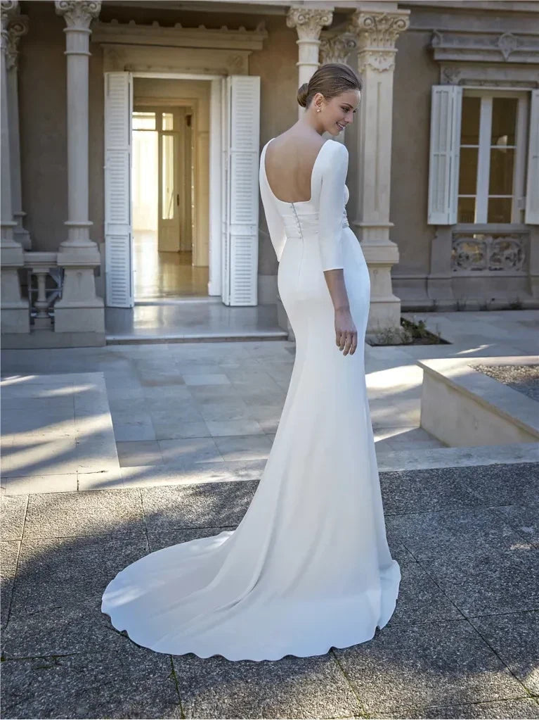 Mermaid Square Neck Three-Quarter Sleeve Open Back Floor-Length Wedding Dress - Chloe Dress