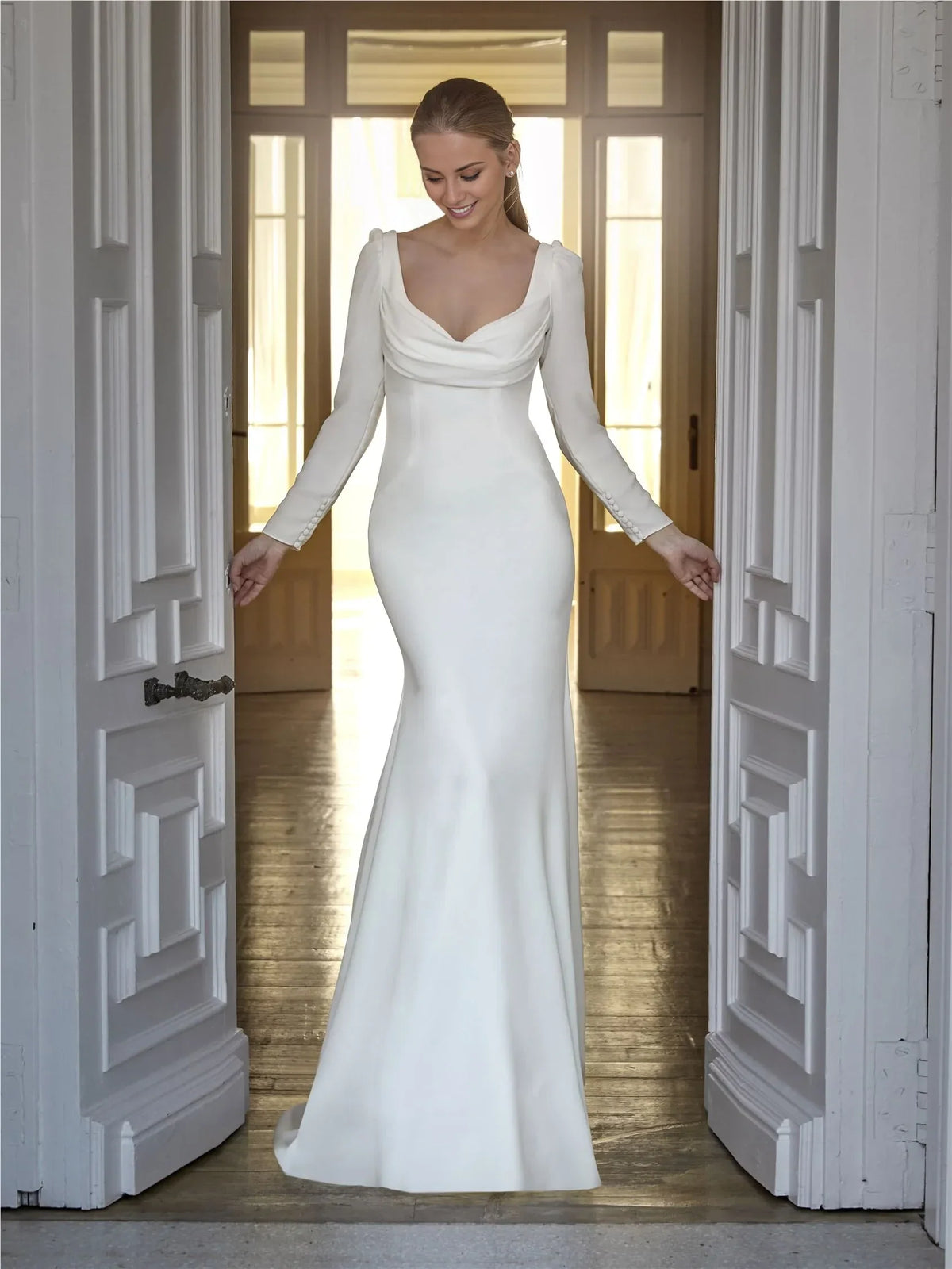 Mermaid Square Neck Long Sleeve Open Back Floor-Length Wedding Dress - Chloe Dress