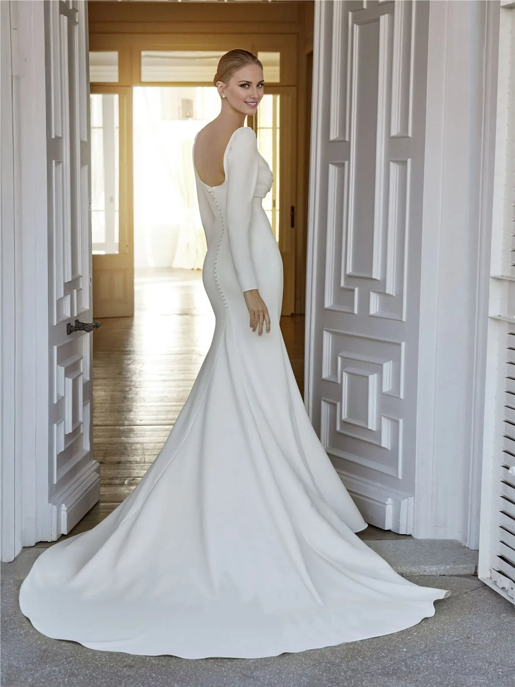 Mermaid Square Neck Long Sleeve Open Back Floor-Length Wedding Dress - Chloe Dress