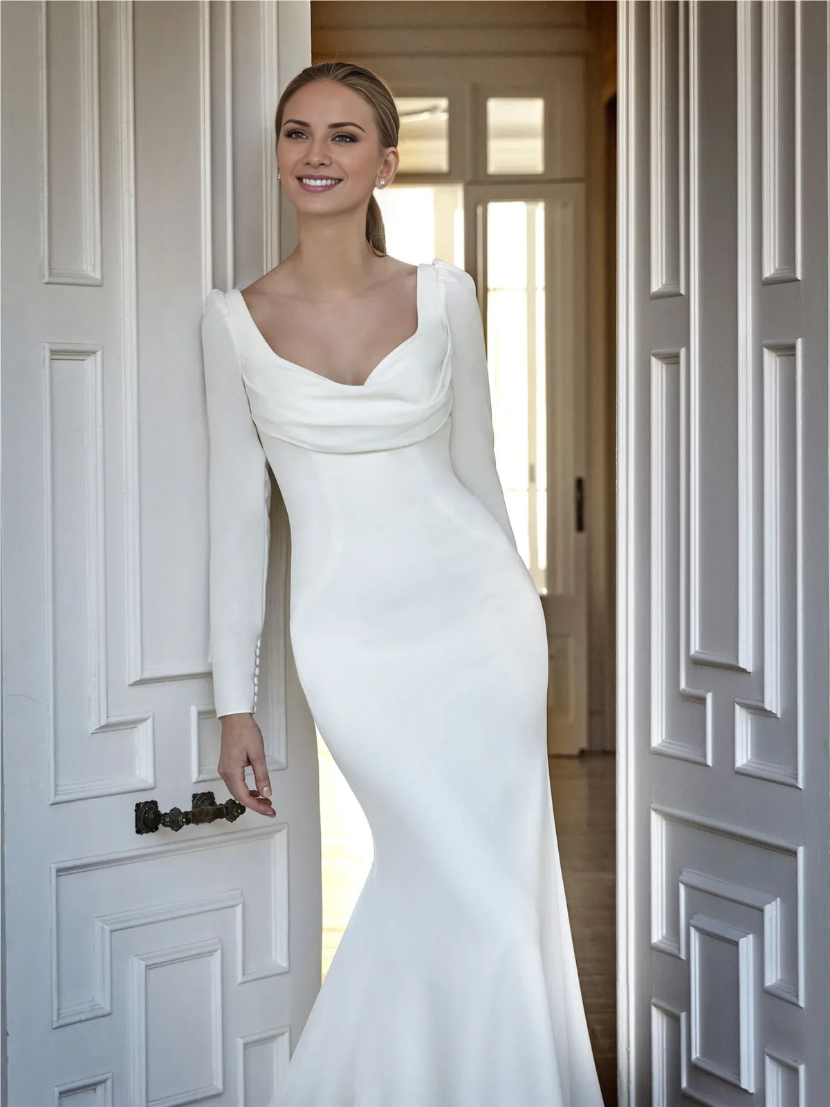Mermaid Square Neck Long Sleeve Open Back Floor-Length Wedding Dress - Chloe Dress