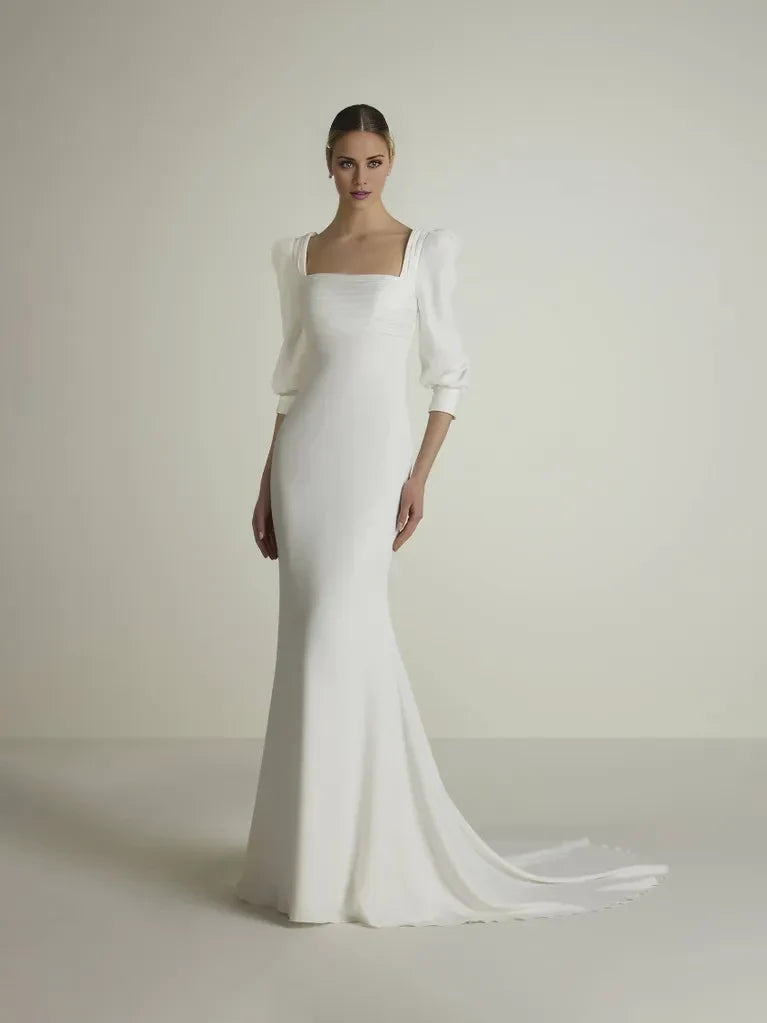 Mermaid Square Neck Puff Sleeve Open Back Floor-Length Wedding Dress - Chloe Dress
