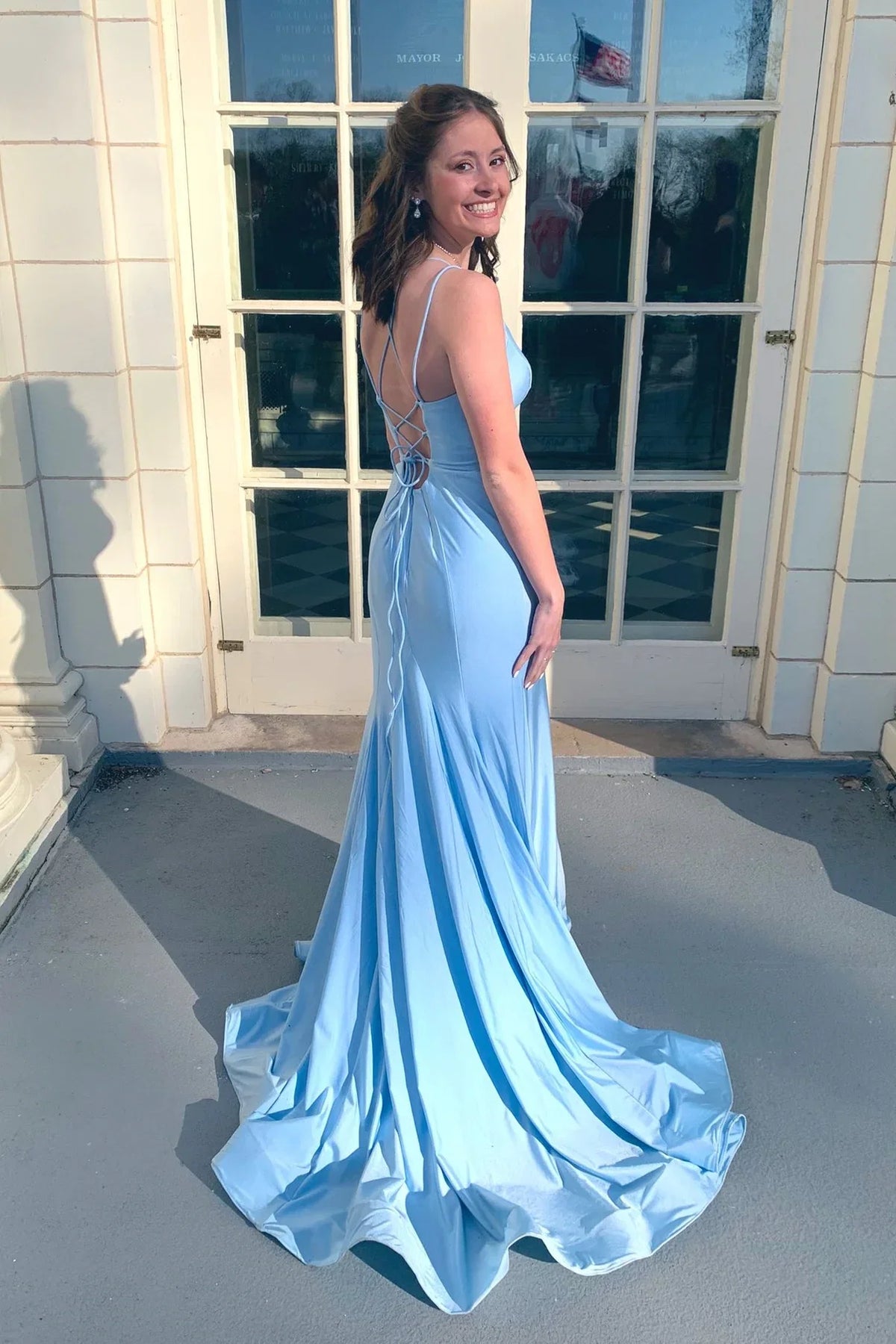 Mermaid V-Neck Lace Lace-Up Back Floor-Length Evening Dress - Chloe Dress