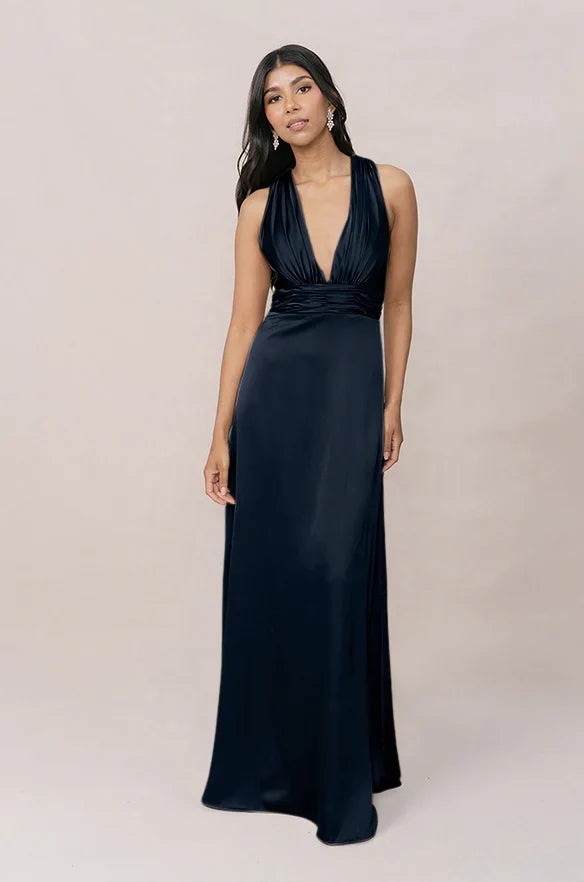 Navy Blue A-Line V-Neck Satin Floor-Length Wedding Dress - Chloe Dress