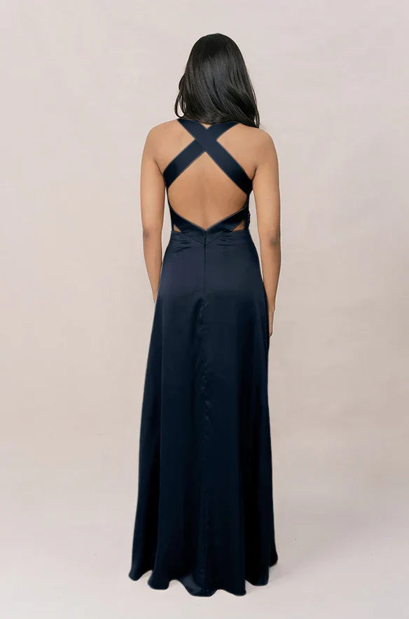 Navy Blue A-Line V-Neck Satin Floor-Length Wedding Dress - Chloe Dress