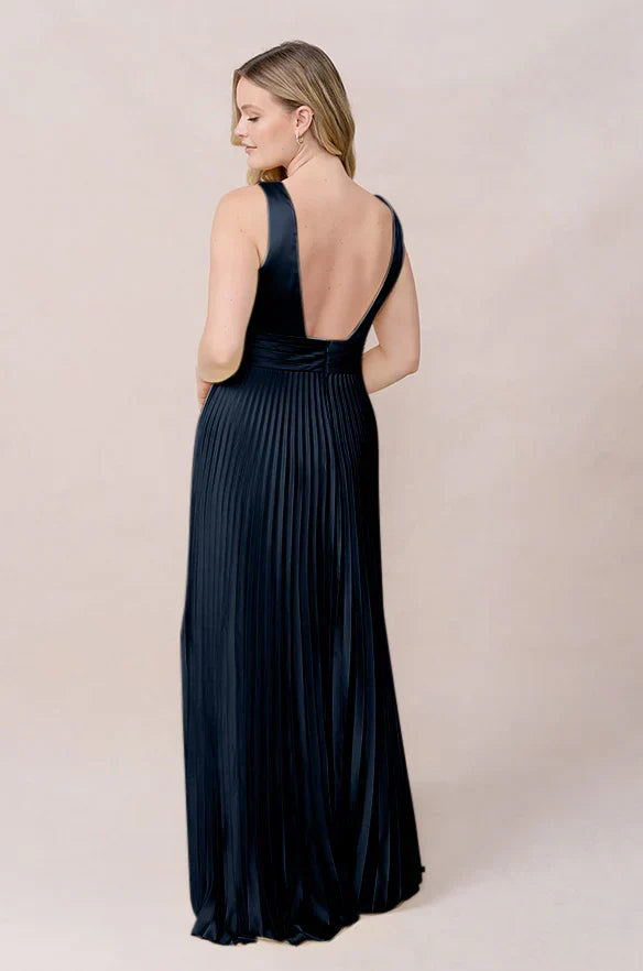 A-Line V-Neck Satin Open Back Pleated Wedding Dress - Chloe Dress
