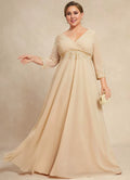 Champagne V-Neck Three-Quarter Sleeve Beaded Floor-Length Dress - Chloe Dress