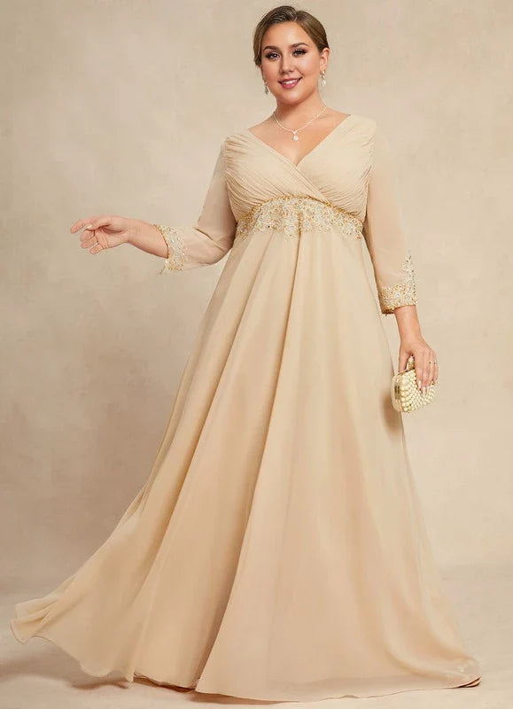 Champagne V-Neck Three-Quarter Sleeve Beaded Floor-Length Dress - Chloe Dress