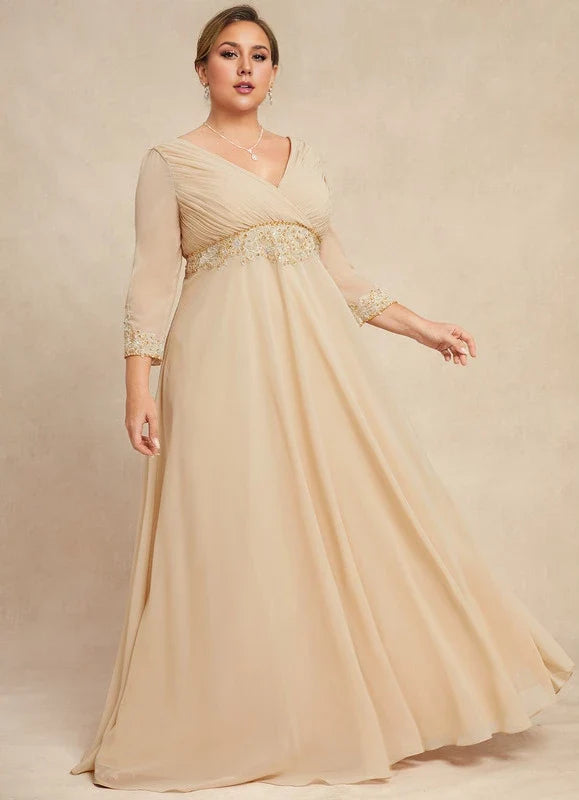 Champagne V-Neck Three-Quarter Sleeve Beaded Floor-Length Dress - Chloe Dress