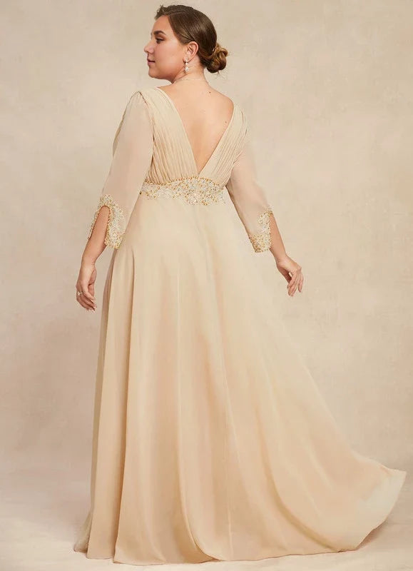 Champagne V-Neck Three-Quarter Sleeve Beaded Floor-Length Dress - Chloe Dress