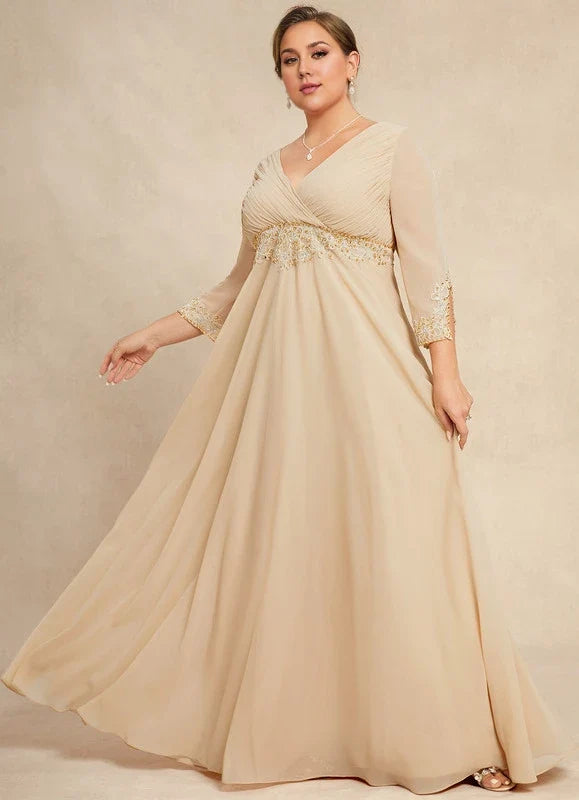 Champagne V-Neck Three-Quarter Sleeve Beaded Floor-Length Dress - Chloe Dress