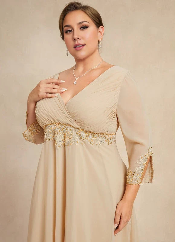 Champagne V-Neck Three-Quarter Sleeve Beaded Floor-Length Dress - Chloe Dress