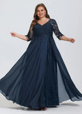 Navy Blue V-Neck Lace Applique Floor-Length Dress - Chloe Dress
