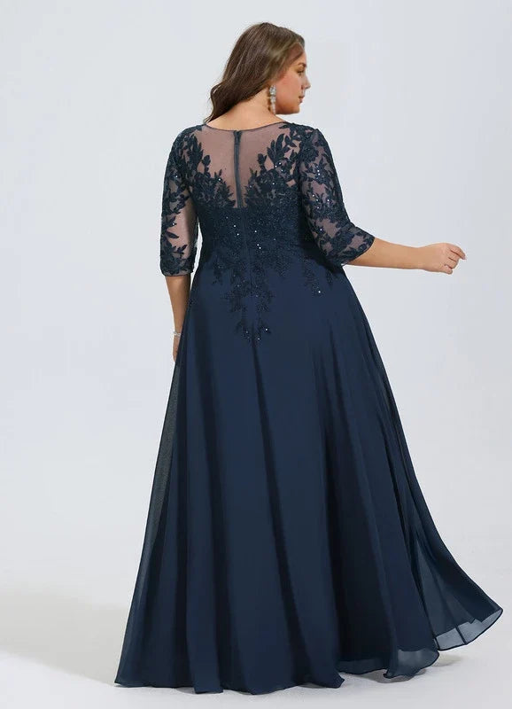Navy Blue V-Neck Lace Applique Floor-Length Dress - Chloe Dress
