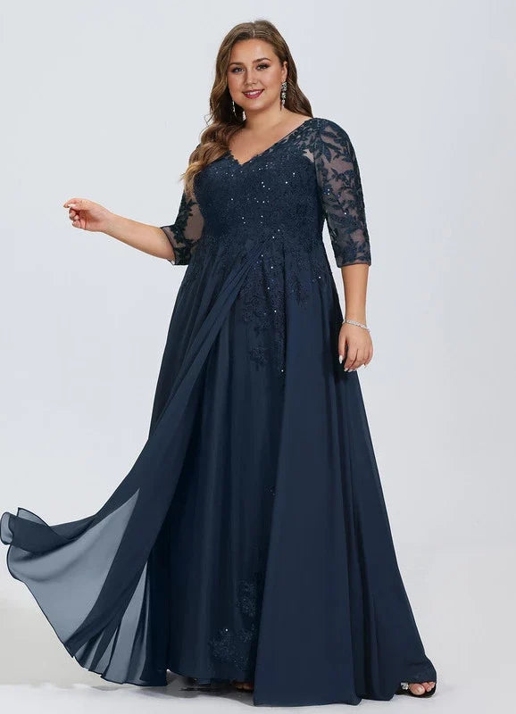 Navy Blue V-Neck Lace Applique Floor-Length Dress - Chloe Dress
