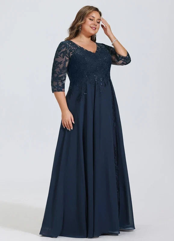Navy Blue V-Neck Lace Applique Floor-Length Dress - Chloe Dress