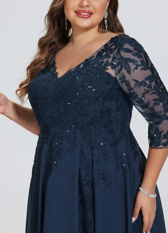 Navy Blue V-Neck Lace Applique Floor-Length Dress - Chloe Dress