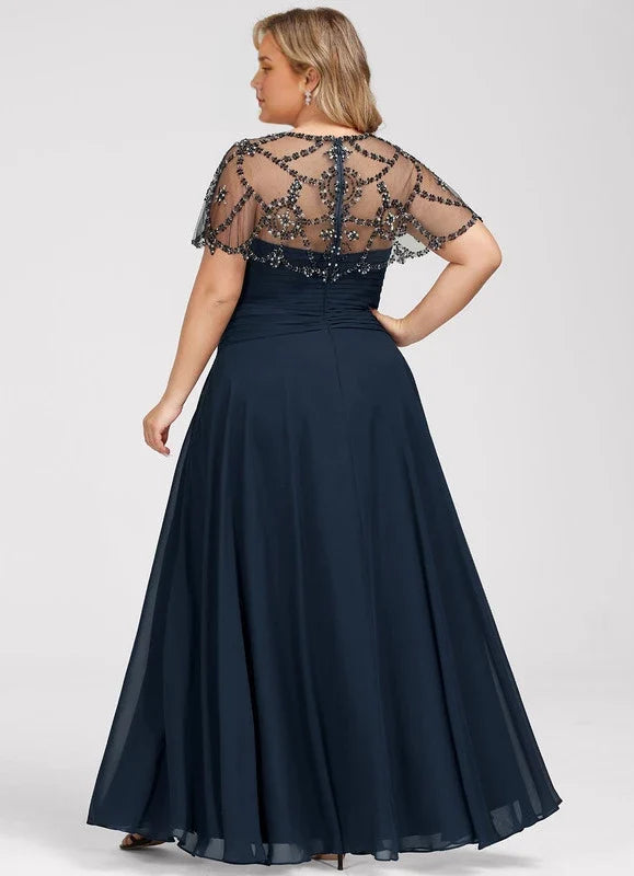 Navy Blue Illusion Beaded Floor-Length Dress - Chloe Dress