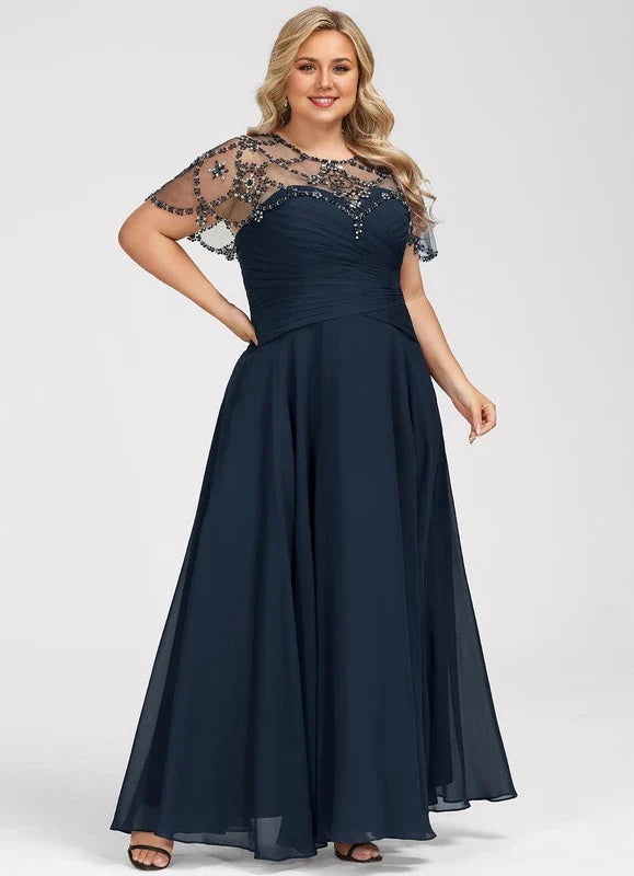 Navy Blue Illusion Beaded Floor-Length Dress - Chloe Dress