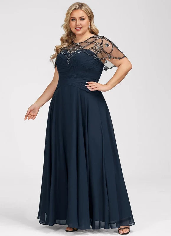 Navy Blue Illusion Beaded Floor-Length Dress - Chloe Dress