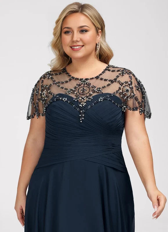 Navy Blue Illusion Beaded Floor-Length Dress - Chloe Dress