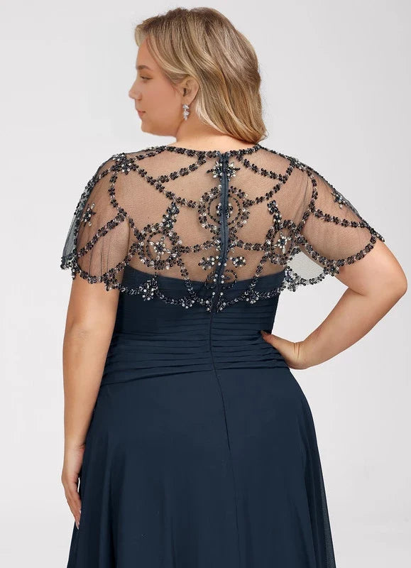 Navy Blue Illusion Beaded Floor-Length Dress - Chloe Dress