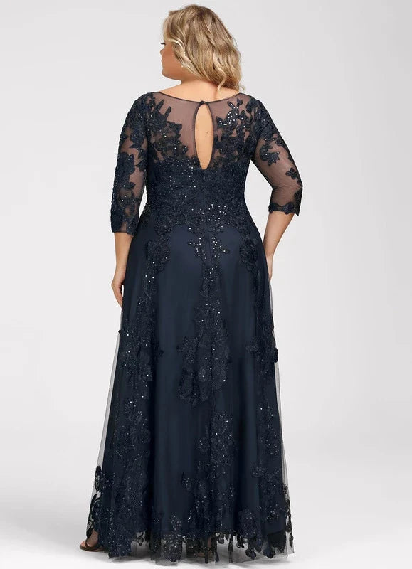 Navy Blue Illusion Lace Applique Floor-Length Dress - Chloe Dress
