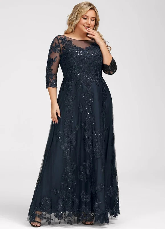 Navy Blue Illusion Lace Applique Floor-Length Dress - Chloe Dress