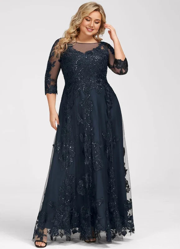 Navy Blue Illusion Lace Applique Floor-Length Dress - Chloe Dress