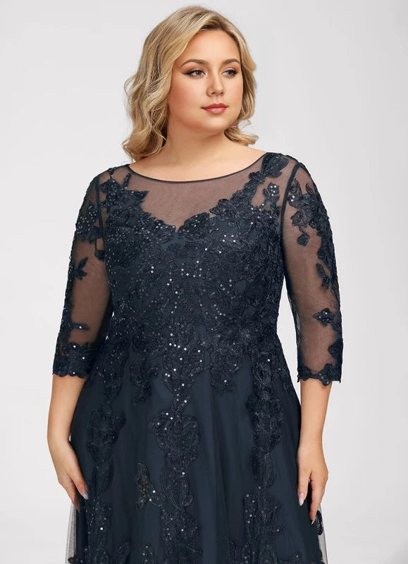 Navy Blue Illusion Lace Applique Floor-Length Dress - Chloe Dress