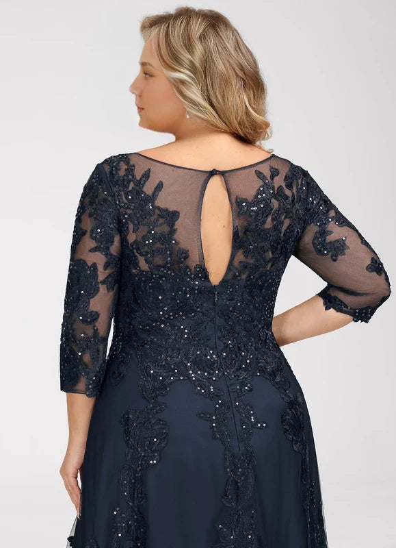 Navy Blue Illusion Lace Applique Floor-Length Dress - Chloe Dress