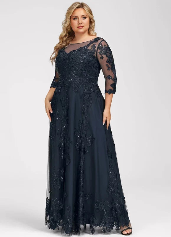 Navy Blue Illusion Lace Applique Floor-Length Dress - Chloe Dress