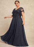 Navy Blue V-Neck Lace Short Sleeve Applique Floor-Length Dress - Chloe Dress