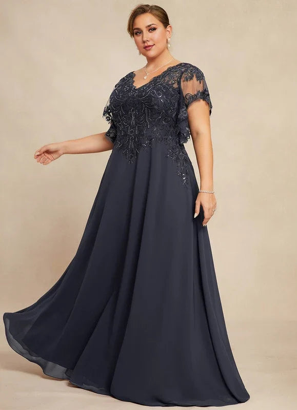 Navy Blue V-Neck Lace Short Sleeve Applique Floor-Length Dress - Chloe Dress