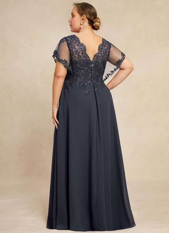 Navy Blue V-Neck Lace Short Sleeve Applique Floor-Length Dress - Chloe Dress