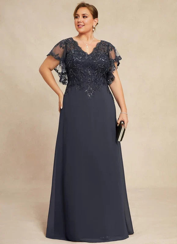 Navy Blue V-Neck Lace Short Sleeve Applique Floor-Length Dress - Chloe Dress