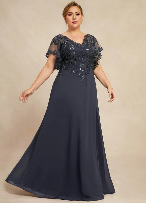 Navy Blue V-Neck Lace Short Sleeve Applique Floor-Length Dress - Chloe Dress