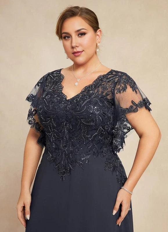 Navy Blue V-Neck Lace Short Sleeve Applique Floor-Length Dress - Chloe Dress