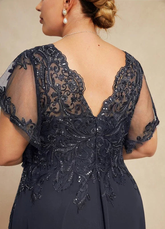 Navy Blue V-Neck Lace Short Sleeve Applique Floor-Length Dress - Chloe Dress