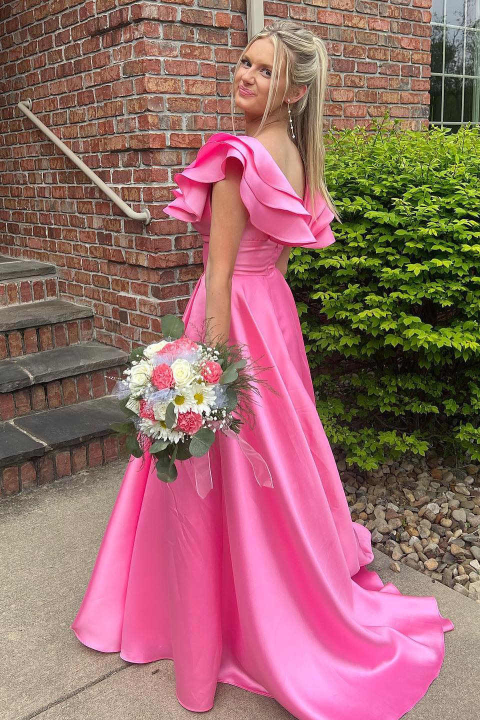 A-Line One-Shoulder Satin Ruffled Floor-Length Evening Dress - Chloe Dress