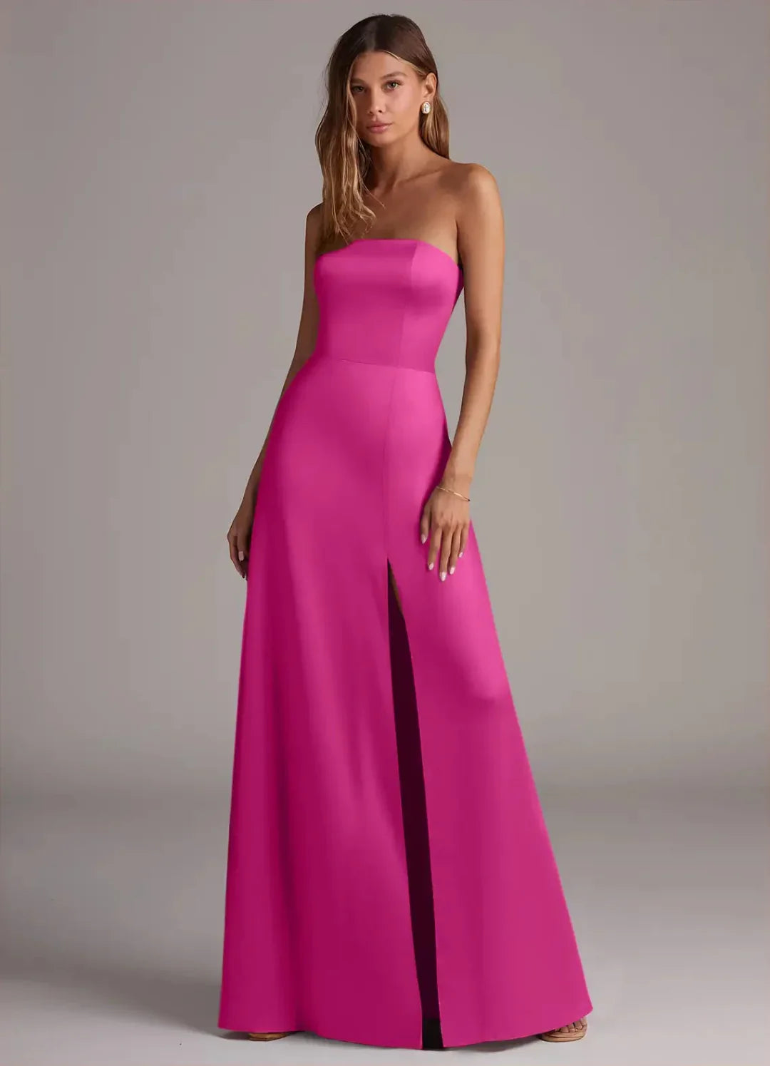 A-Line Strapless Satin Open Back High Slit Floor-Length Wedding Dress - Chloe Dress