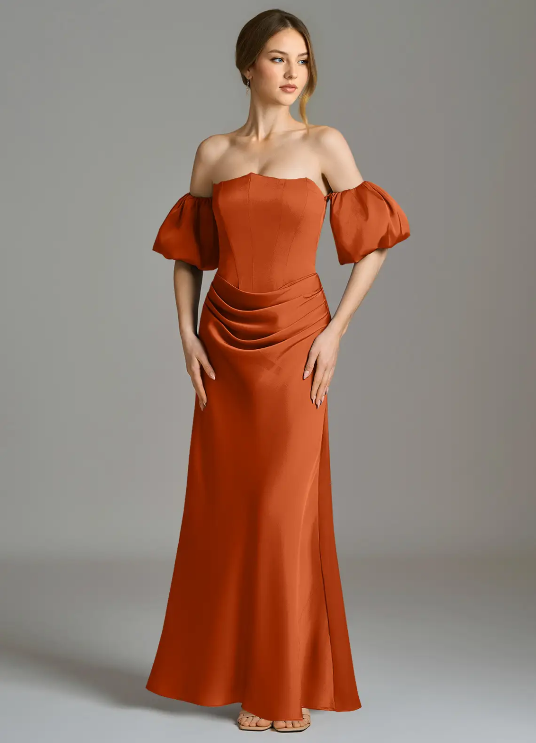 Off-Shoulder Satin Puff Sleeve Lace-Up Back Floor-Length Wedding Dress - Chloe Dress