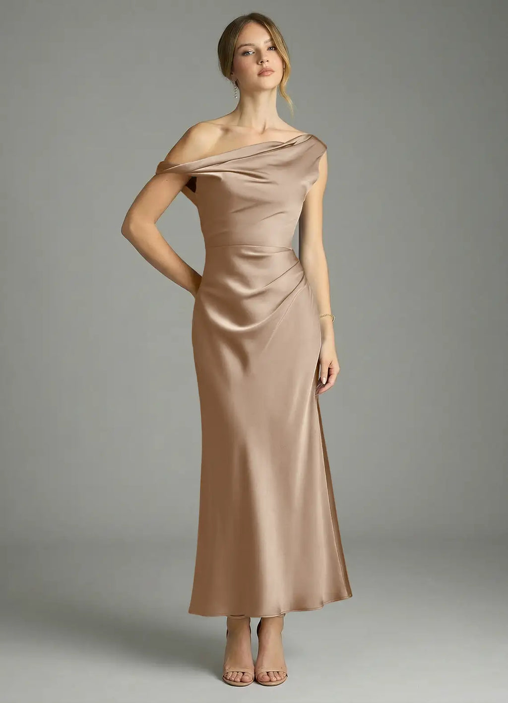 Sheath One-Shoulder Satin Sleeveless High Slit Midi Wedding Dress - Chloe Dress