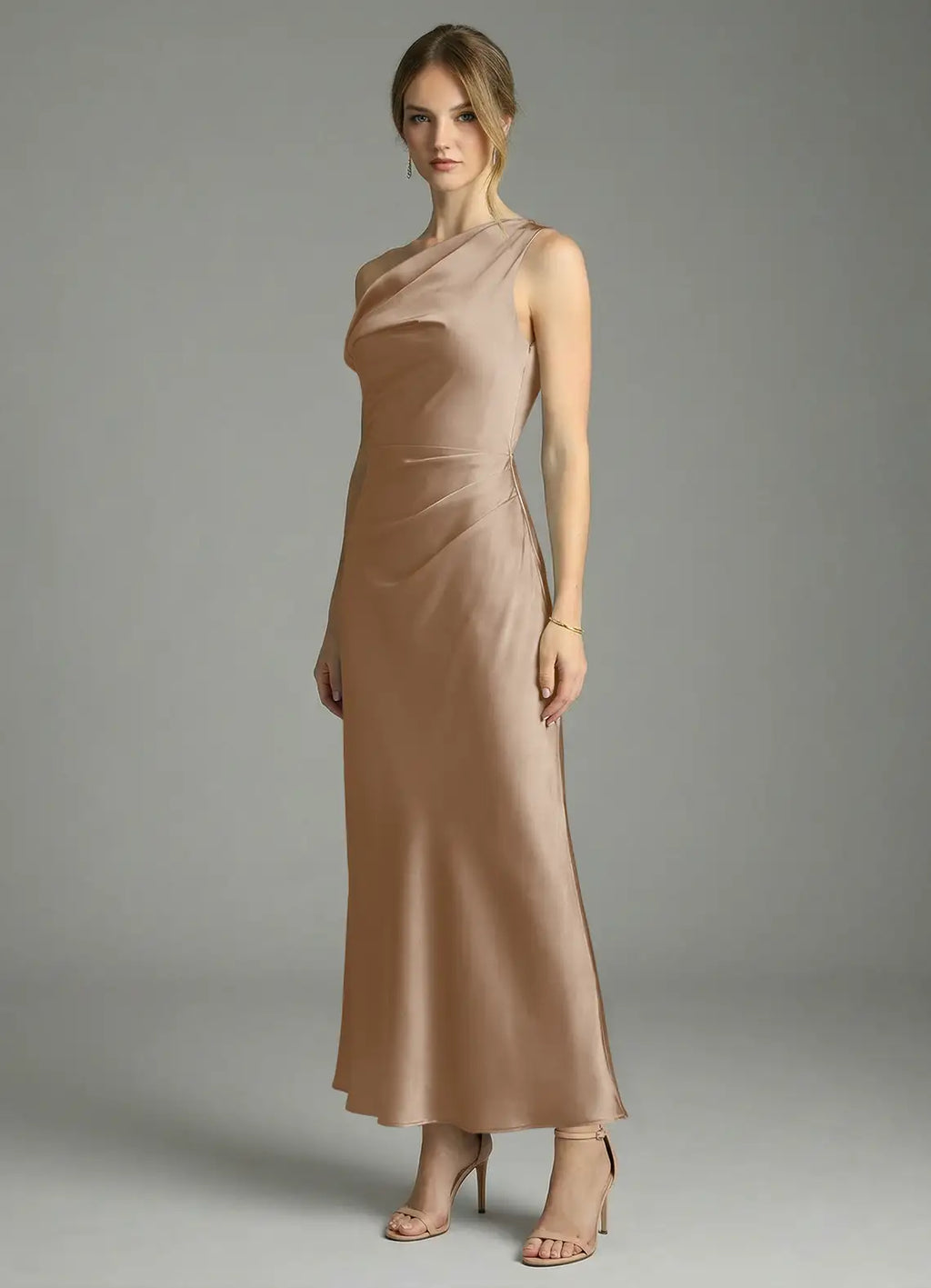 Sheath One-Shoulder Satin Sleeveless High Slit Midi Wedding Dress - Chloe Dress