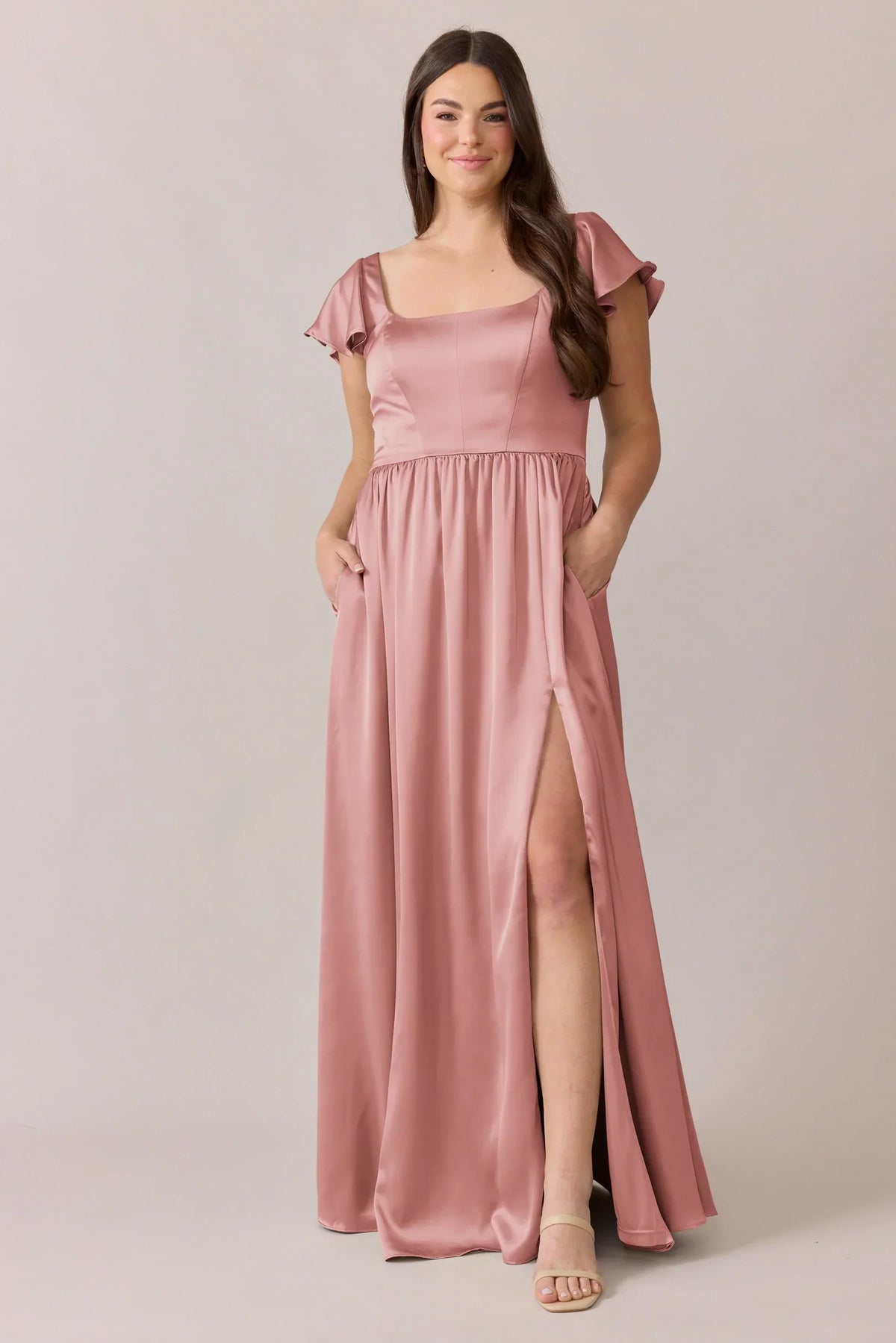 A-Line Square Neck Satin Short Sleeve Open Back High Slit Mini Wedding Dress - Chloe Dress