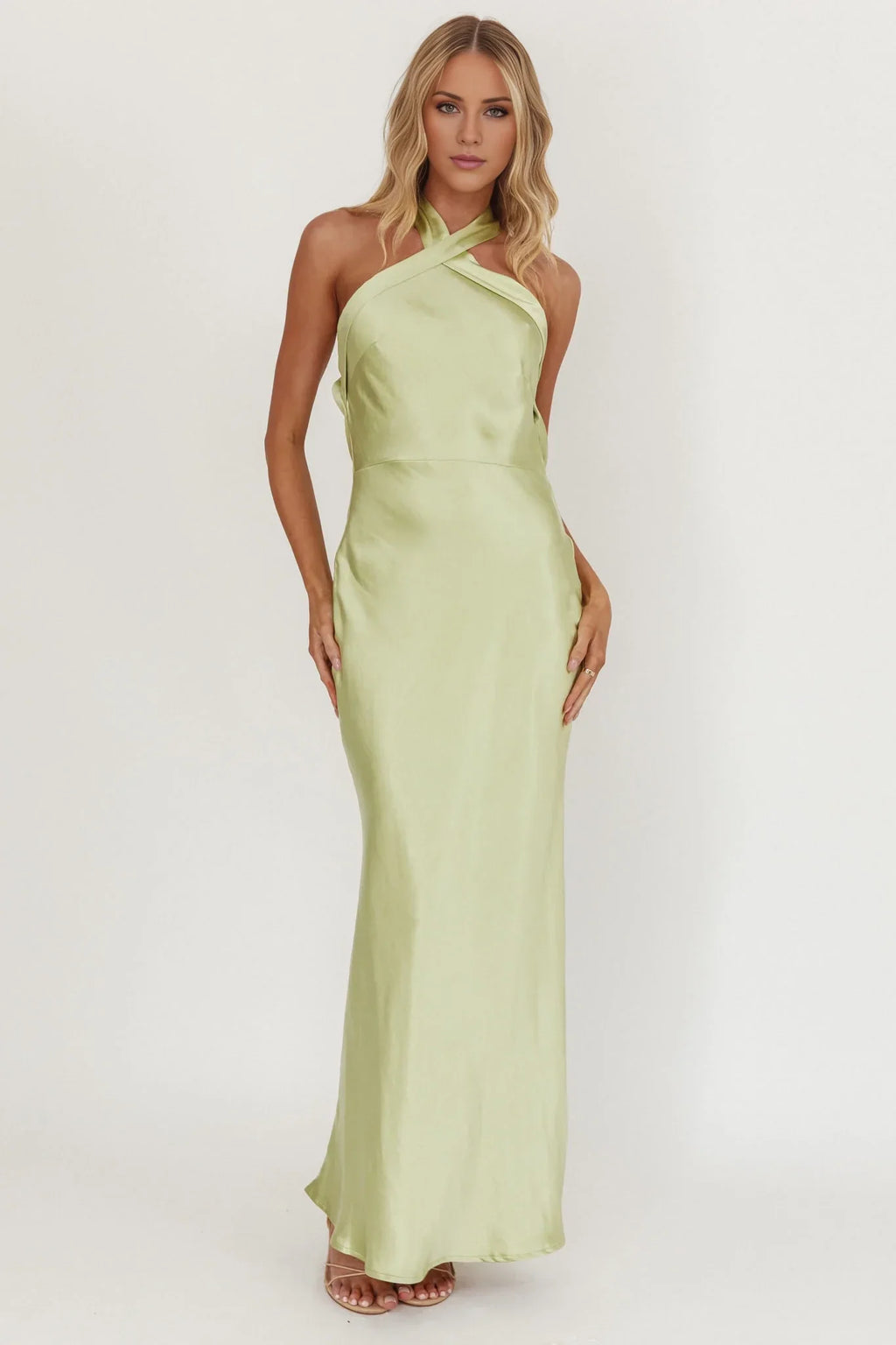 Green Sheath Halter Satin Sleeveless Open Back Floor-Length Prom Dress - Chloe Dress