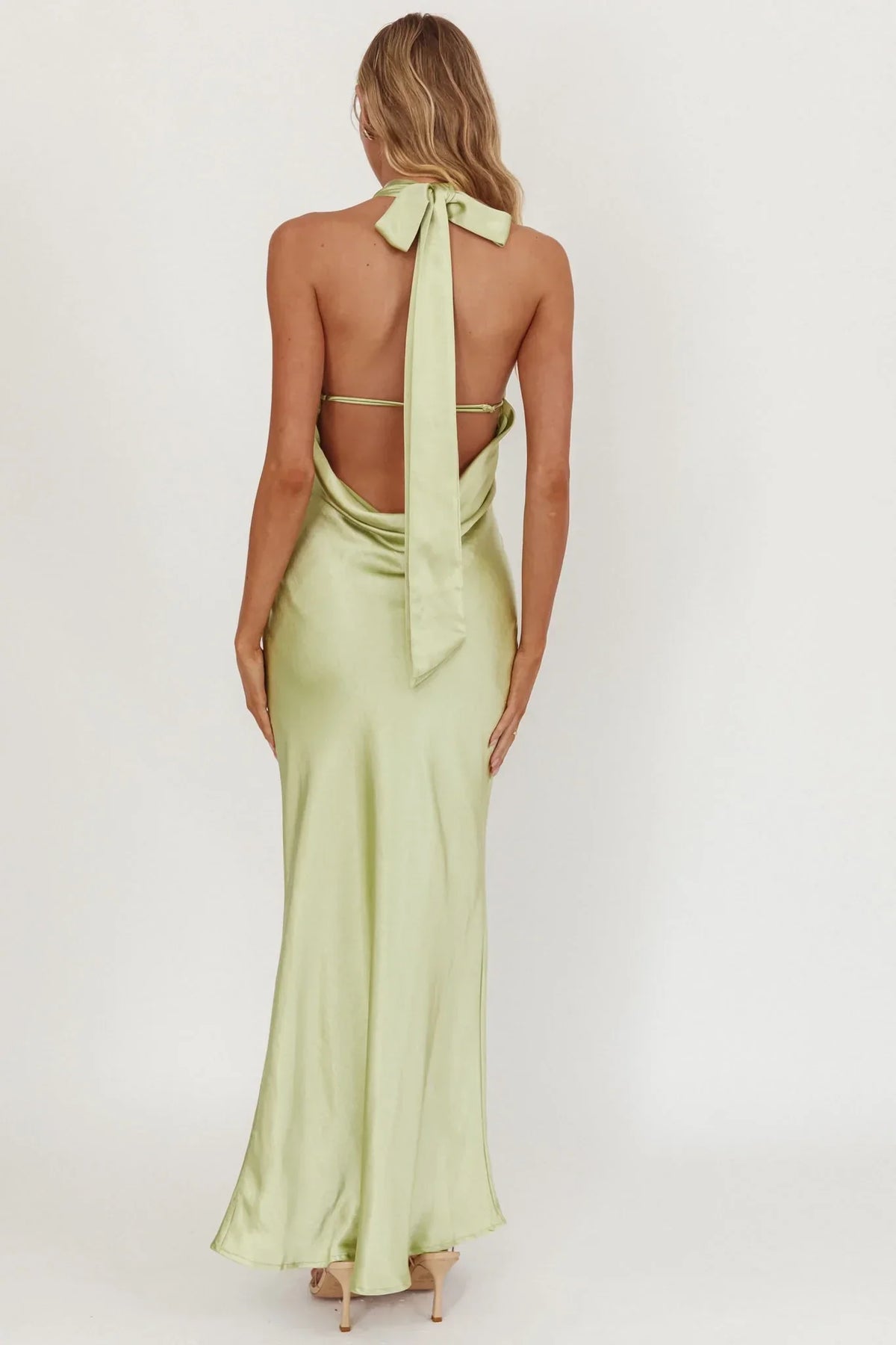 Green Sheath Halter Satin Sleeveless Open Back Floor-Length Prom Dress - Chloe Dress