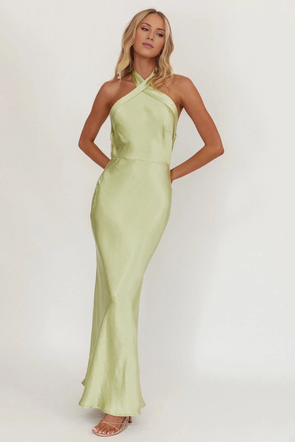 Green Sheath Halter Satin Sleeveless Open Back Floor-Length Prom Dress - Chloe Dress
