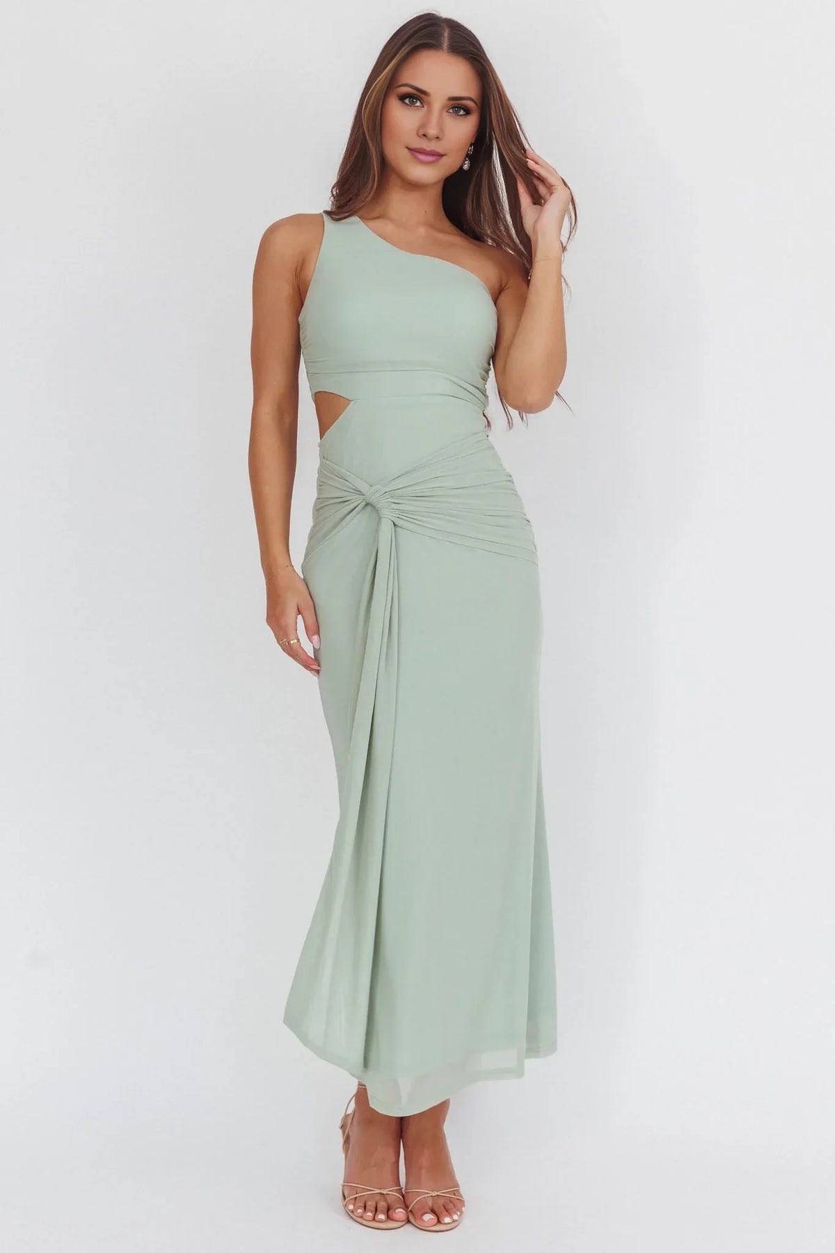 Sage Green Sheath One-Shoulder Sleeveless Cutout Floor-Length Prom Dress - Chloe Dress