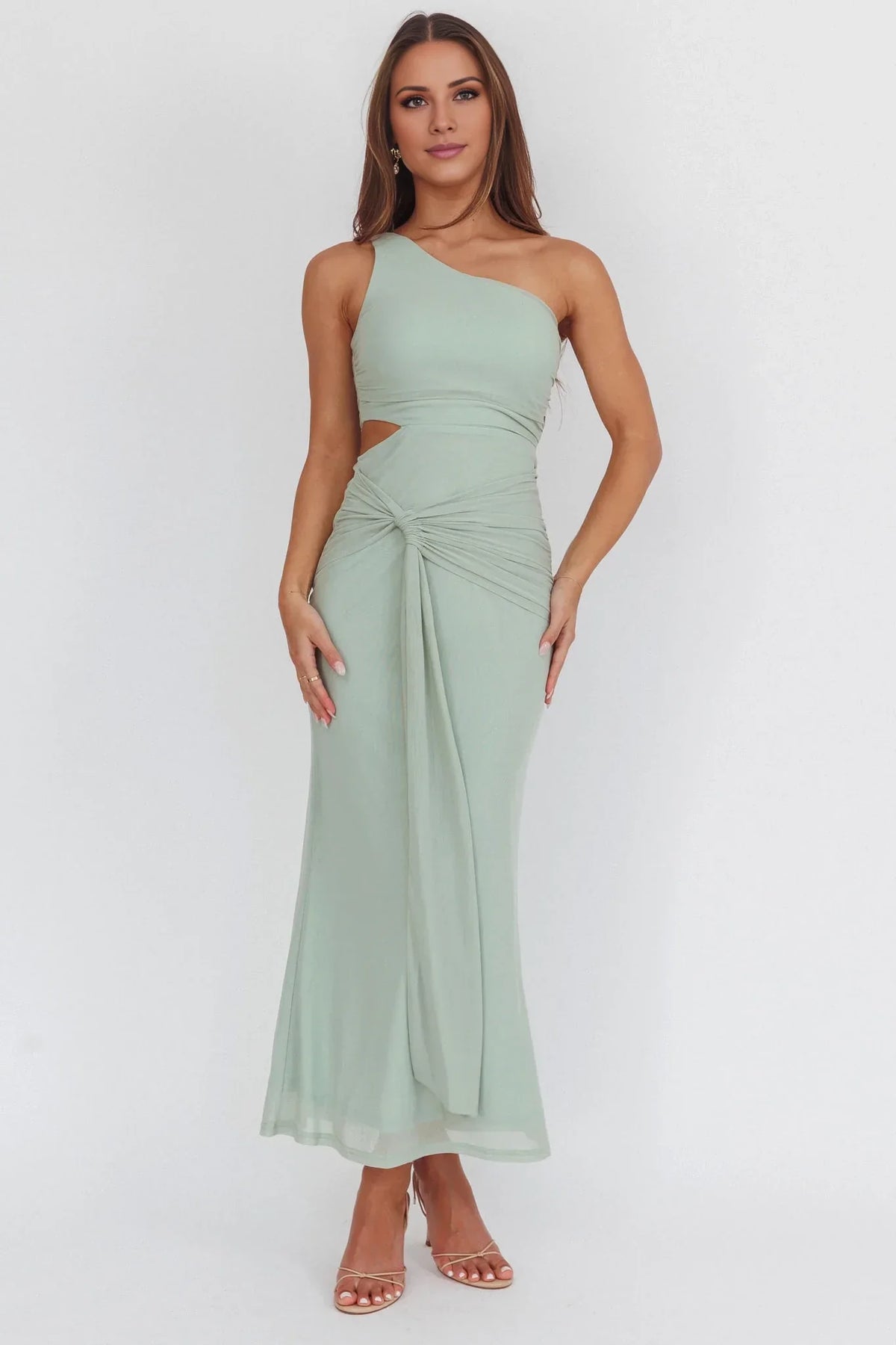 Sage Green Sheath One-Shoulder Sleeveless Cutout Floor-Length Prom Dress - Chloe Dress